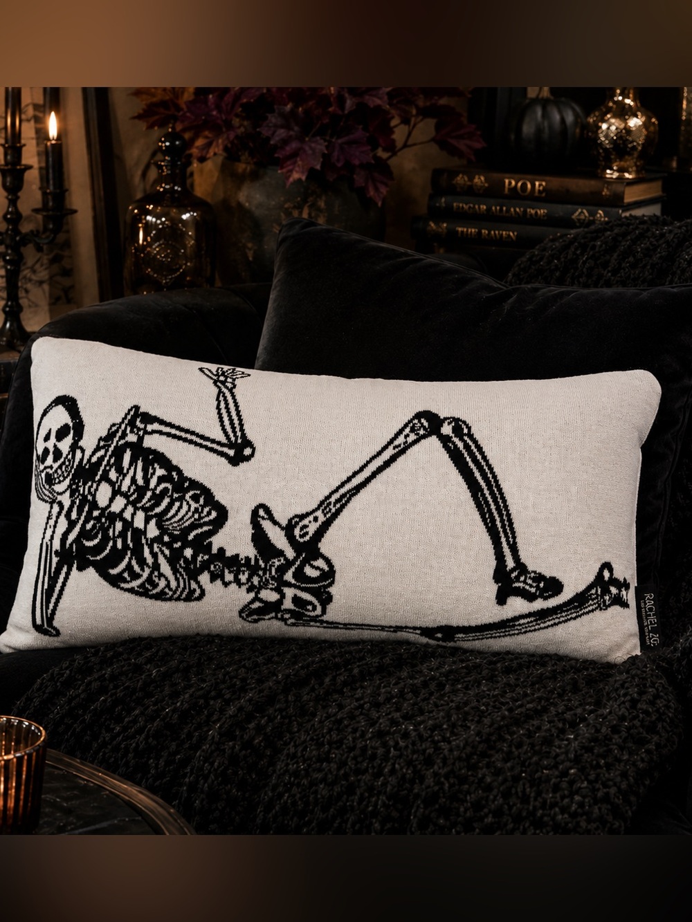 Rachel Zoe Reversible Skeleton Knit Accent Pillow Black White 24x12